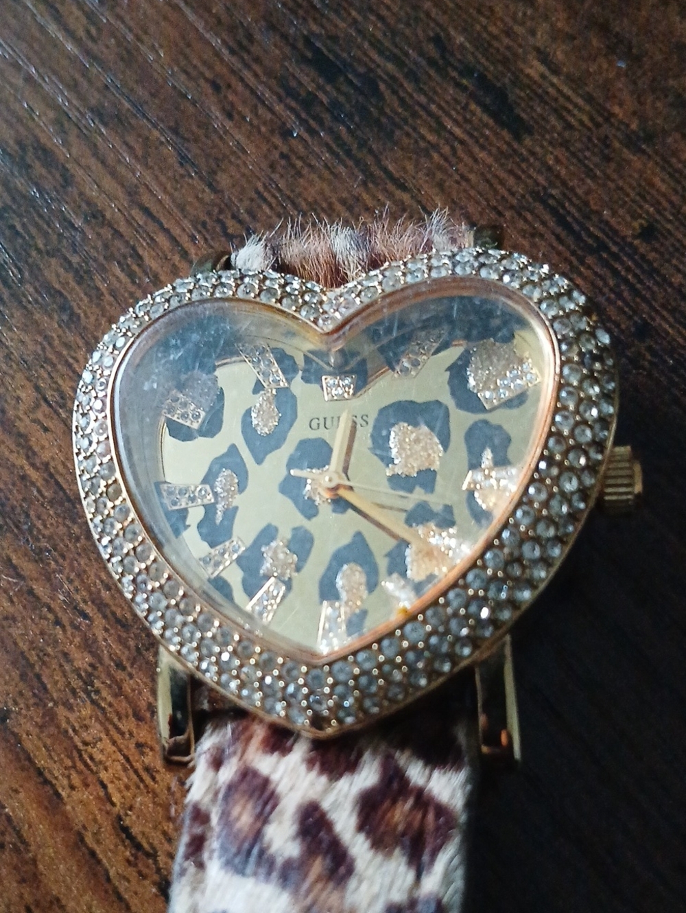 GUESS Gold-Tone Heart Leopard Print Crystal Accent Watch